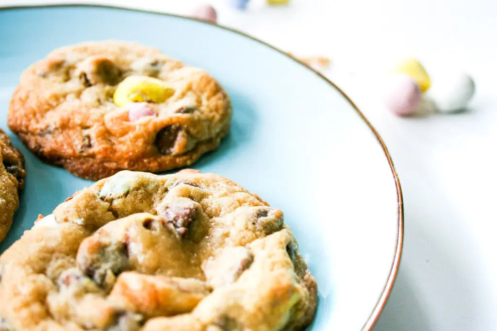 Close up photo of Cadbury Mini Egg Easter Chocolate Chip Cookies