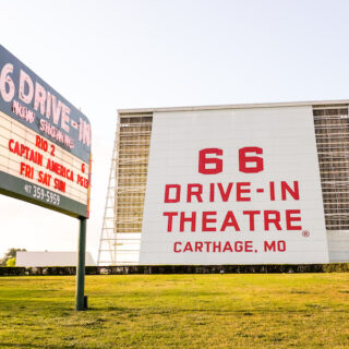 Route 66 Drive in Theatre screen and neon sign in Carthage, Missouri