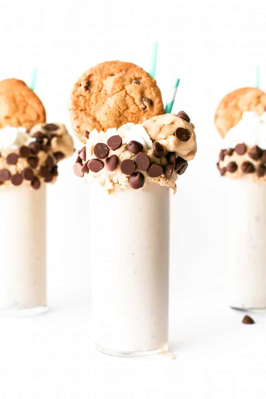 Chocolate Chip Cookie Dough Milkshake, Edible Cookie Dough, Raw Cookie Dough Milkshake, Cookie Dough Vanilla Milkshake, Over the Top Freakshake, Cookie Milkshake, Recipe, Make at Home, Salty Canary