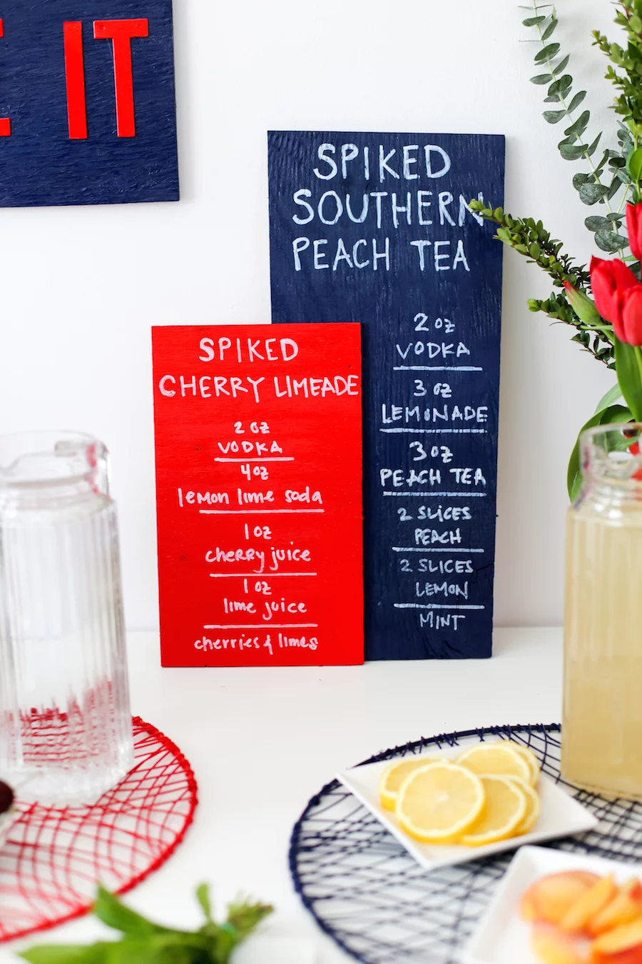 Throw a party with spiked cocktails for this summer's holiday! Cocktails can be a Spiked Cherry Limeade or Spiked Southern Peach Tea! // saltycanary.com