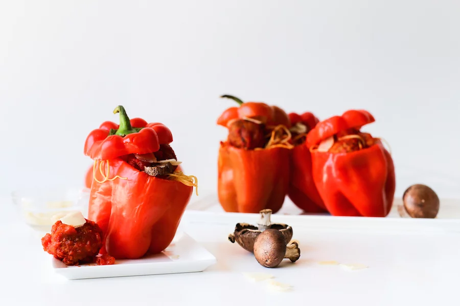 Spaghetti and Meatball Stuffed Bell Peppers Recipe // Salty Canary