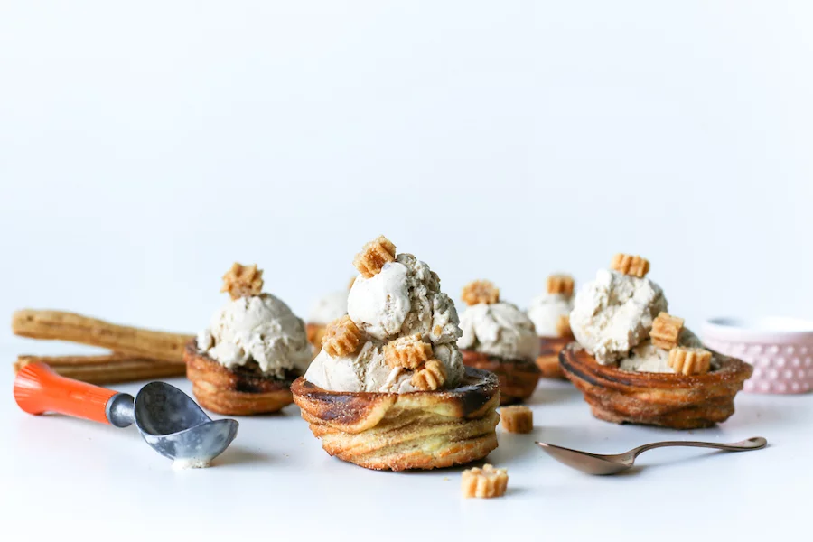 Go for churro overload and make this homemade Churro Ice Cream in homemade Churro Bowls! // Salty Canary