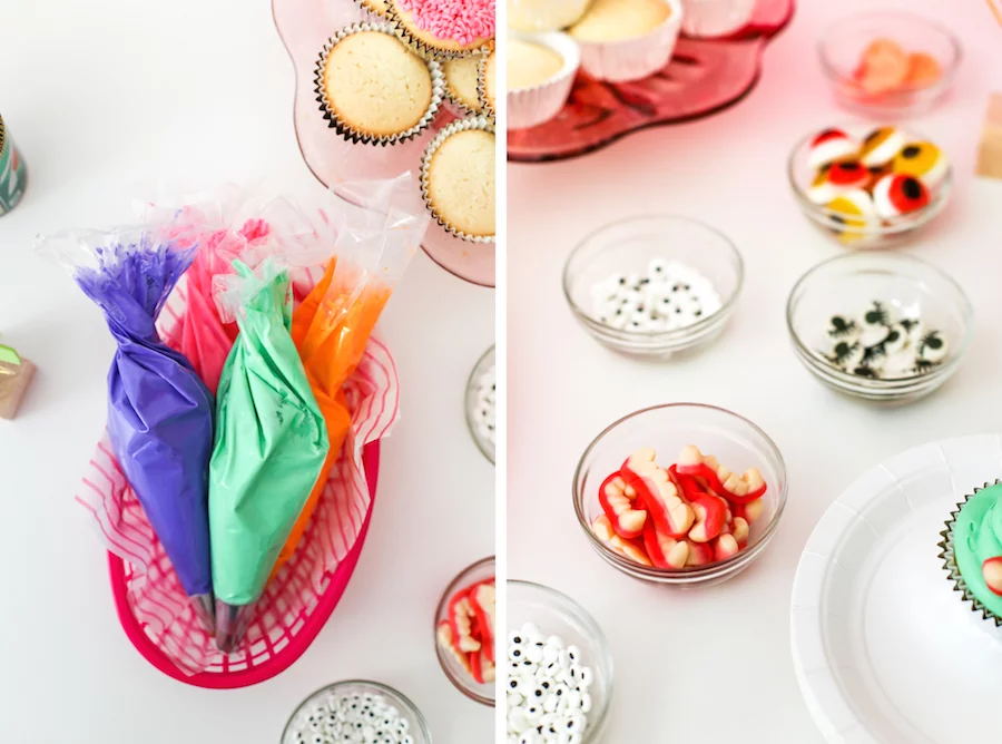 Set up a Decorate-It-Yourself Halloween Monster Cupcake Station at your Halloween party! // Salty Canary