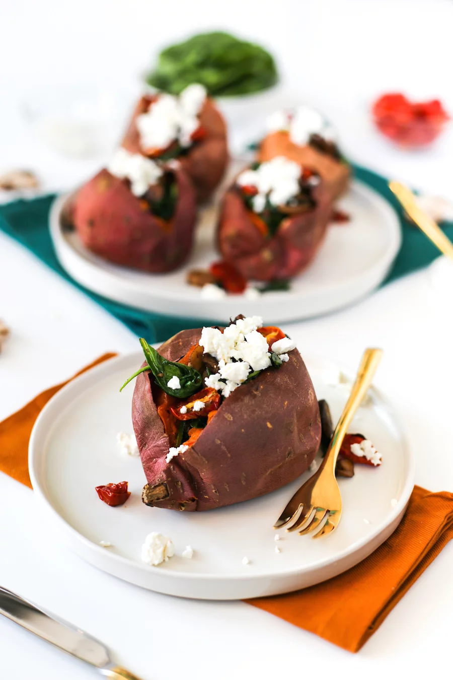 Mushroom Tomato Spinach and Feta Stuffed Sweet Potatoes // Salty Canary