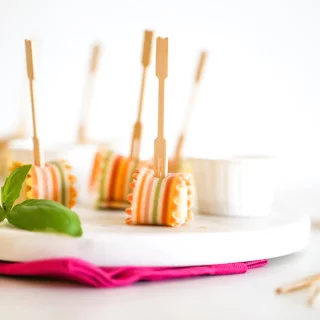 Rainbow Pasta Parmesan Cheese Appetizer on a Stick // Salty Canary