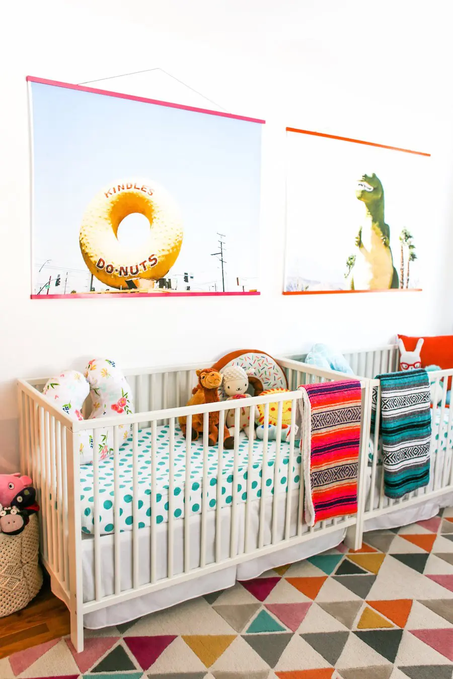 A Bright and Colorful Boy and Girl Twin Nursery, Nursery Colors for Boy Girl Twins, Twin Nursery Inspiration, Pictures, Crib Placement, Twin Nursery Layout, Gender Neutral Nursery, Twin Nursery Photos, How to Create a Great Twin Nursery, Twin Nursery Ideas, Boy Girl Twins Sharing Nursery, Salty Canary