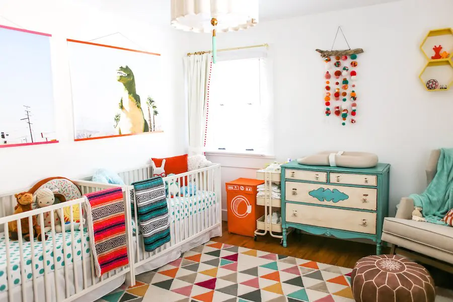 A Bright and Colorful Boy and Girl Twin Nursery, Nursery Colors for Boy Girl Twins, Twin Nursery Inspiration, Pictures, Crib Placement, Twin Nursery Layout, Gender Neutral Nursery, Twin Nursery Photos, How to Create a Great Twin Nursery, Twin Nursery Ideas, Boy Girl Twins Sharing Nursery, Salty Canary