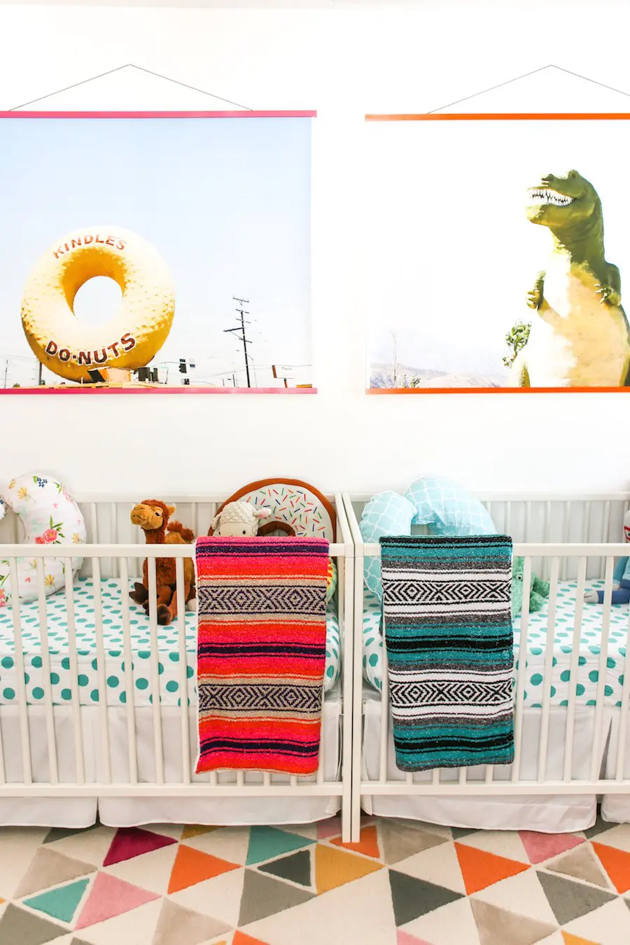 A Bright and Colorful Boy and Girl Twin Nursery, Nursery Colors for Boy Girl Twins, Twin Nursery Inspiration, Pictures, Crib Placement, Twin Nursery Layout, Gender Neutral Nursery, Twin Nursery Photos, How to Create a Great Twin Nursery, Twin Nursery Ideas, Boy Girl Twins Sharing Nursery, Salty Canary