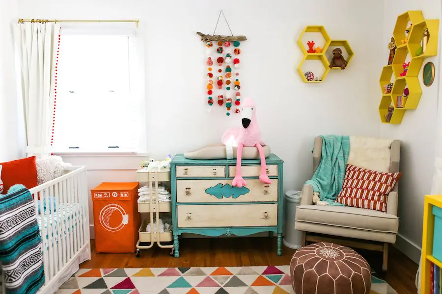 A Bright and Colorful Boy and Girl Twin Nursery, Nursery Colors for Boy Girl Twins, Twin Nursery Inspiration, Pictures, Crib Placement, Twin Nursery Layout, Gender Neutral Nursery, Twin Nursery Photos, How to Create a Great Twin Nursery, Twin Nursery Ideas, Boy Girl Twins Sharing Nursery, Salty Canary