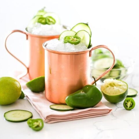 Jalapeño Cucumber Moscow Mule Cocktail Drink Recipe in Copper Mugs Salty Canary