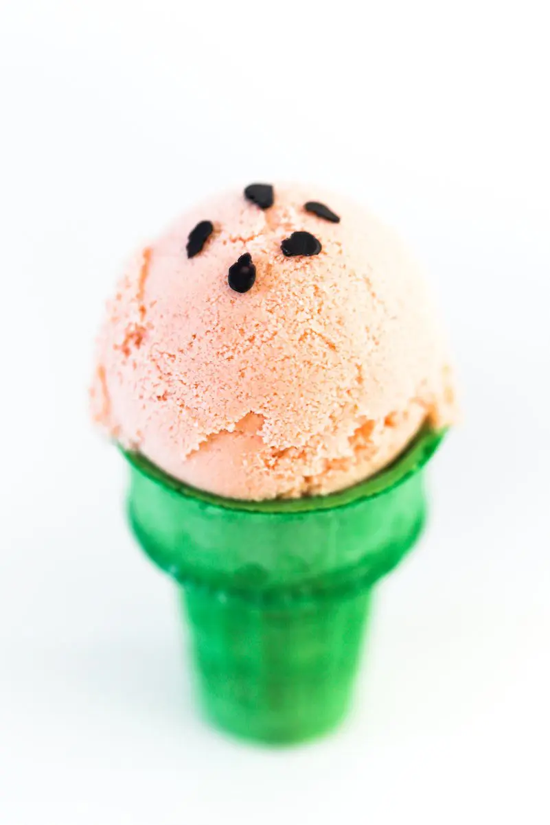 Watermelon Ice Cream with Chocolate "Seeds" in Ice Cream Cones