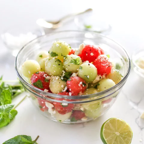 Mint and Melon Salad with Feta and Pickled Onions, Fruit Salad, Recipe, Mint and Melon Salad, Honeydew and Watermelon Salad, Watermelon and Mint Salad Recipe, Watermelon and Feta Recipe, Summer Salad, Melon Balls, Melon Ball Salad