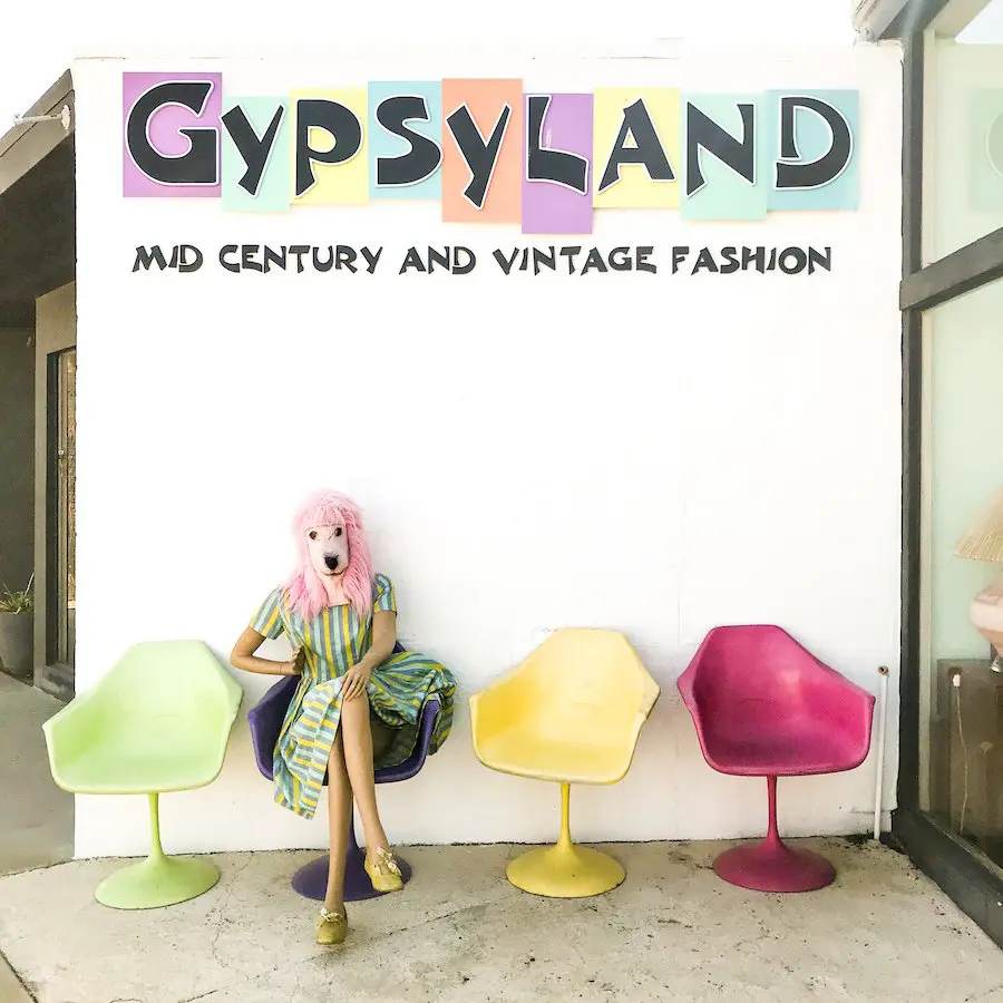 Exterior of Gypsyland in Palm Springs including 4 vintage, colorful chairs, 1 mannequin wearing a pink poodle mask is sitting in a chair