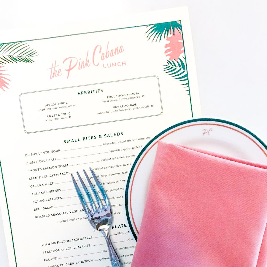 Menu, fork, and plate at The Pink Cabana restaurant located inside the Sands Hotel and Spa in Palm Springs, California